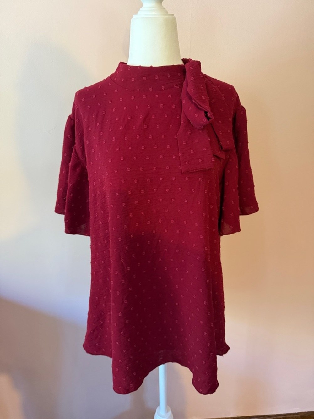 Kim & Cami Burgundy Tie-Neck Flutter Sleeve Blouse